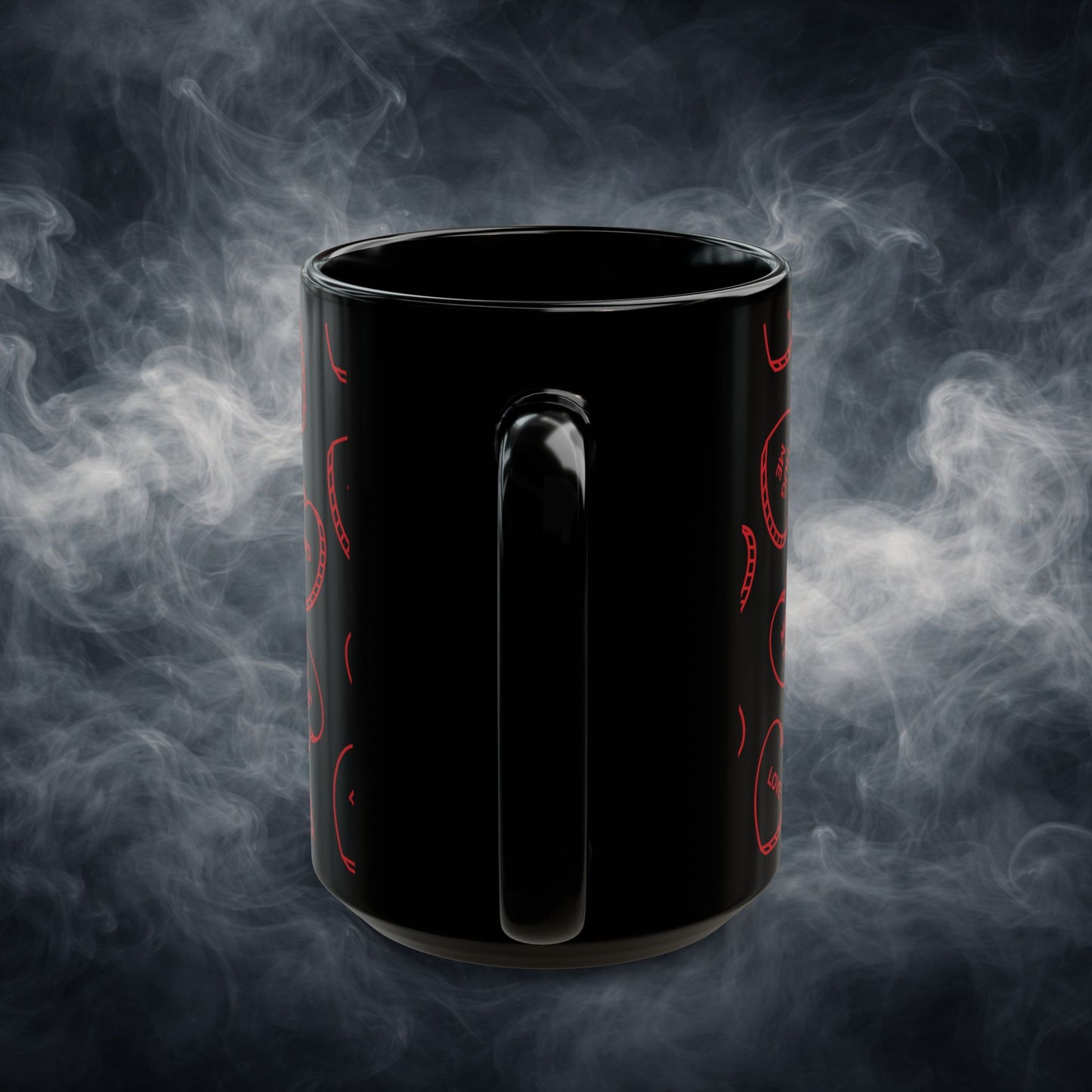 Valentine Conversation Hearts Black Coffee Mug — Red Candy-Heart Pattern (11oz & 15oz)