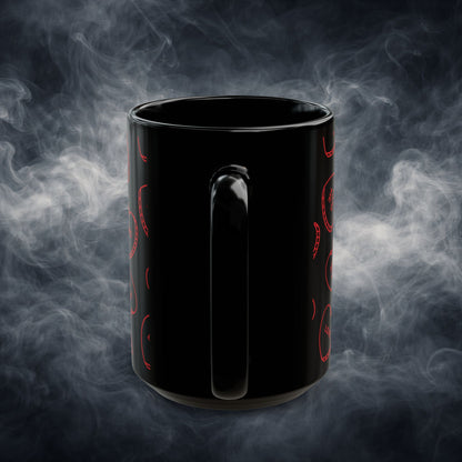 Valentine Conversation Hearts Black Coffee Mug — Red Candy-Heart Pattern (11oz & 15oz)