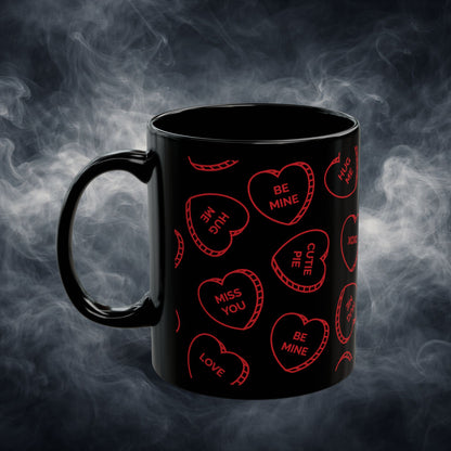 Valentine Conversation Hearts Black Coffee Mug — Red Candy-Heart Pattern (11oz & 15oz)