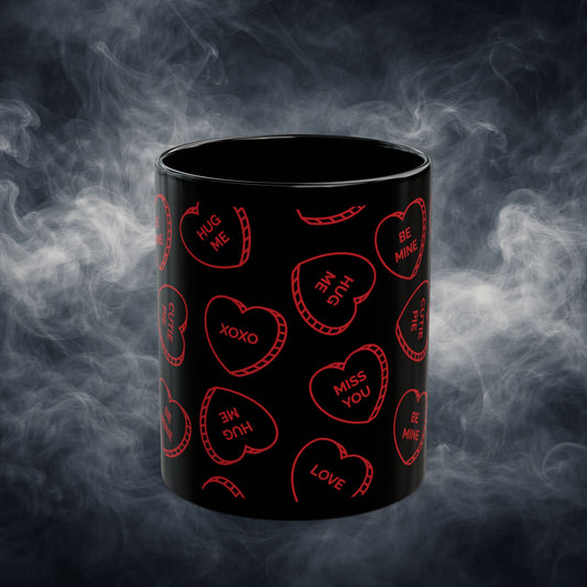 Valentine Conversation Hearts Black Coffee Mug — Red Candy-Heart Pattern (11oz & 15oz)