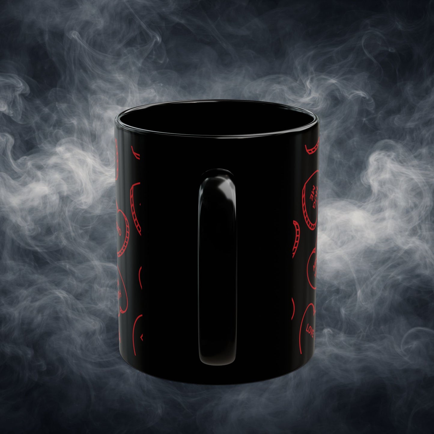 Valentine Conversation Hearts Black Coffee Mug — Red Candy-Heart Pattern (11oz & 15oz)