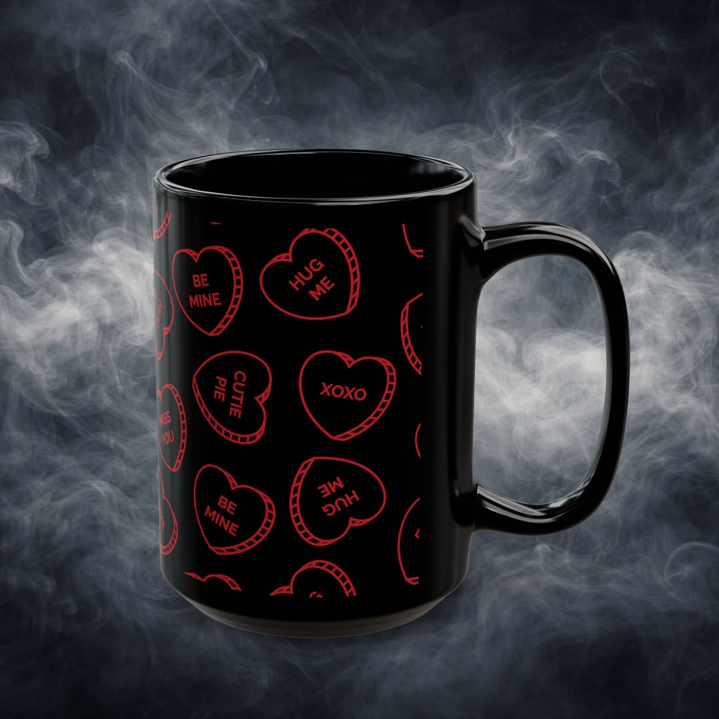 Valentine Conversation Hearts Black Coffee Mug — Red Candy-Heart Pattern (11oz & 15oz)