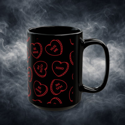 Valentine Conversation Hearts Black Coffee Mug — Red Candy-Heart Pattern (11oz & 15oz)