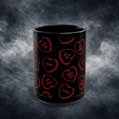 Valentine Conversation Hearts Black Coffee Mug — Red Candy-Heart Pattern (11oz & 15oz)