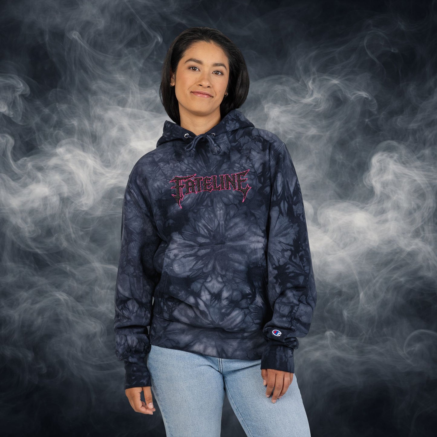 Fateline Tie-Dye Embroidered Hoodie — Black Marble "Treasure" Design