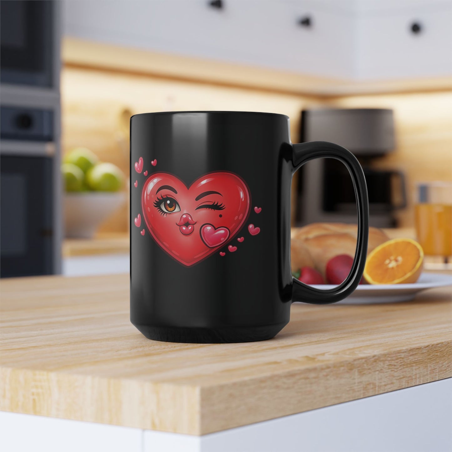 Valentine's 'Kiss Me' 15oz Black Mug — Winking Lady Heart Design