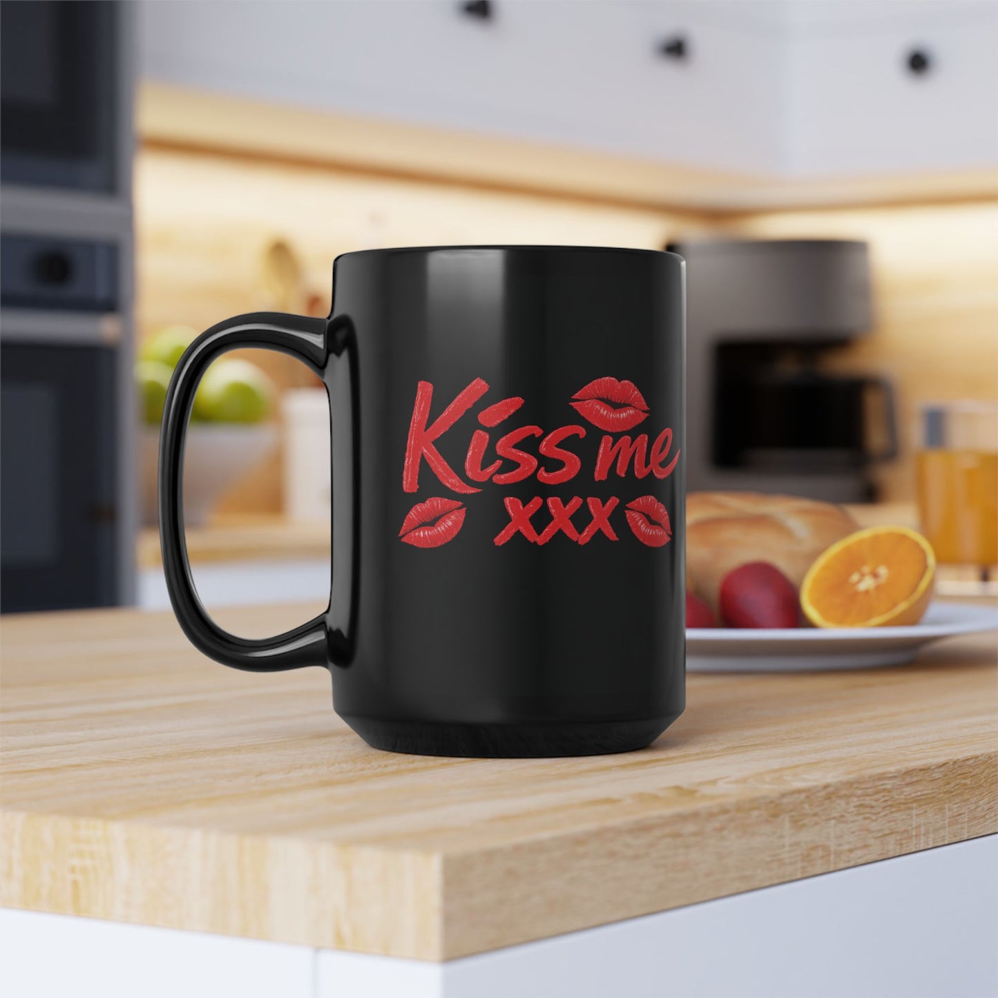 Valentine's 'Kiss Me' 15oz Black Mug — Winking Lady Heart Design