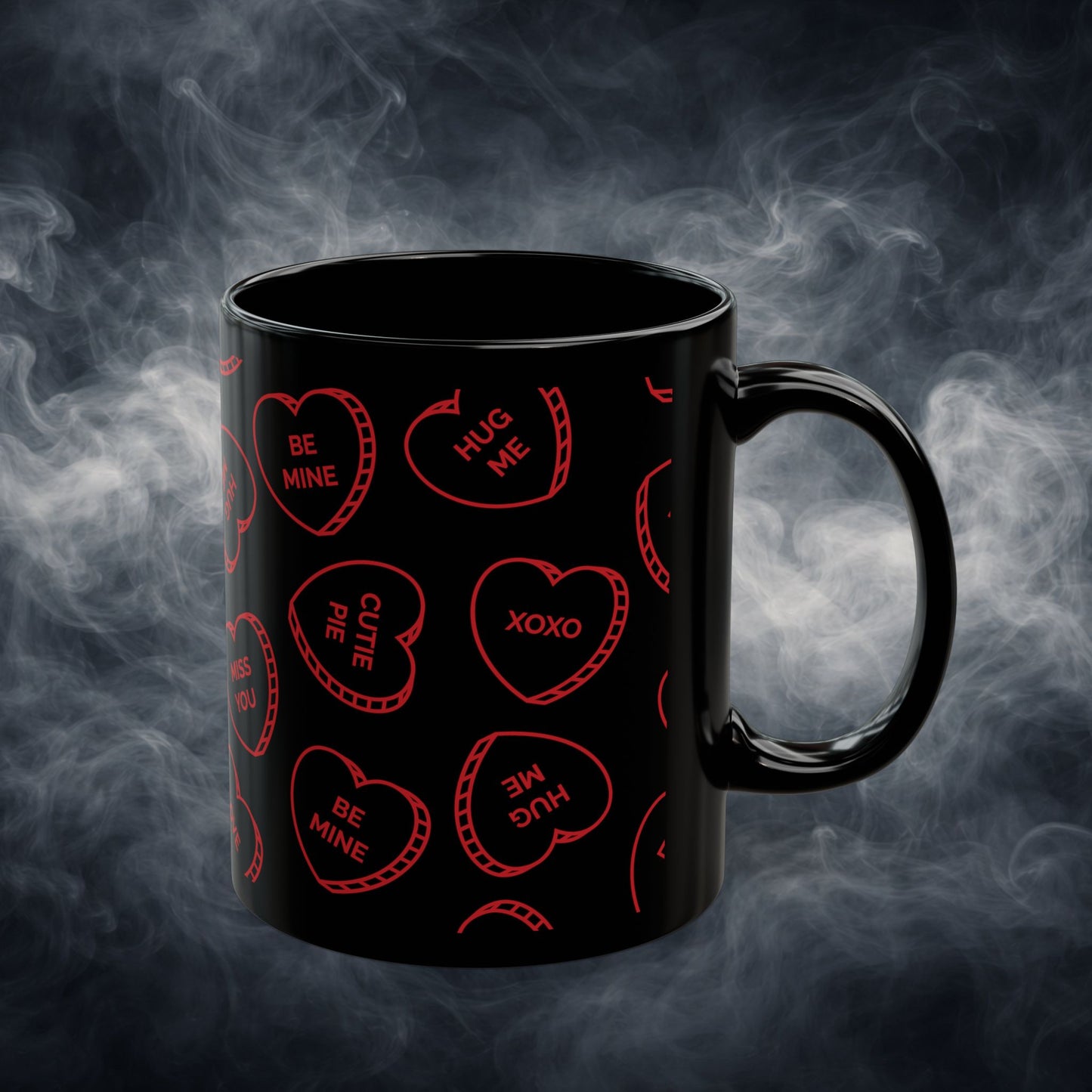 Valentine Conversation Hearts Black Coffee Mug — Red Candy-Heart Pattern (11oz & 15oz)