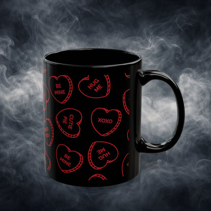 Valentine Conversation Hearts Black Coffee Mug — Red Candy-Heart Pattern (11oz & 15oz)