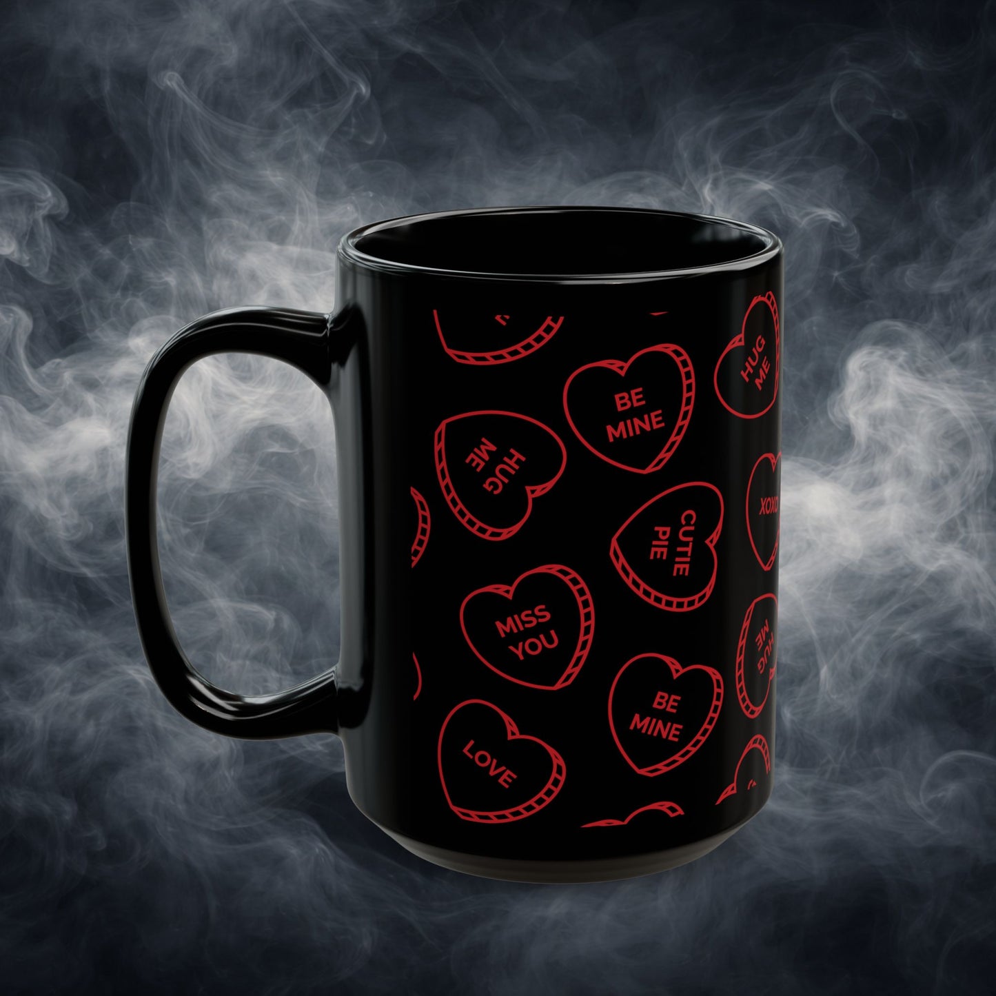 Valentine Conversation Hearts Black Coffee Mug — Red Candy-Heart Pattern (11oz & 15oz)