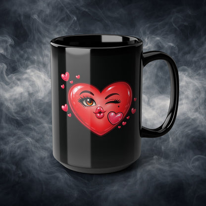 Valentine's 'Kiss Me' 15oz Black Mug — Winking Lady Heart Design