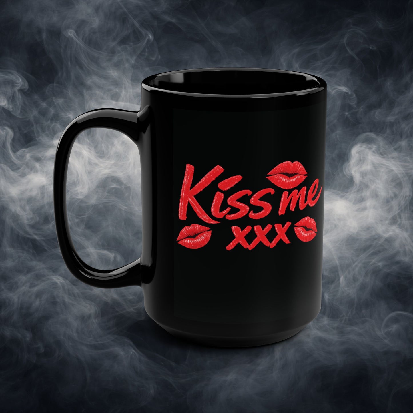Valentine's 'Kiss Me' 15oz Black Mug — Winking Lady Heart Design